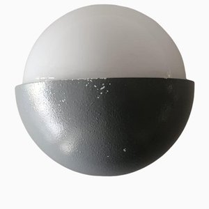 German Grey Metal and White Round Glass Bega 3048 Single Sconce, 1960s