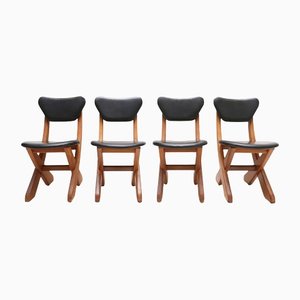 French Modern Pine and Black Leather Dining Chairs, Set of 4