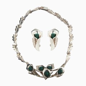 Collana e orecchini in argento sterling con malachite, anni '70, set di 3