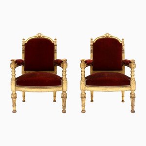 Antique Neoclassical Giltwood and Velvet Armchairs, Set of 2