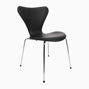 Black Leather Series 7 Model 3107 Chairs by Arne Jacobsen for Fritz Hansen