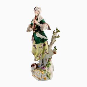 Antique Porcelain Figurine Woman Playing the Flute from Meissen, Late 19th Century