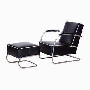 Black Armchair and Ottoman by Mucke Melder, Czechia, 1930s, Set of 2