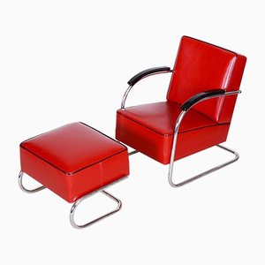 Red Armchair and Ottoman by Mucke Melder, Czechia, 1930s, Set of 2