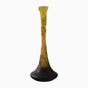 Antique Vase in Yellow Frosted and Green Art Glass by Emile Gallé, Early 20th Century