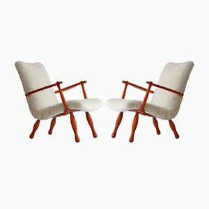 Swedish Pinewood & Sheepskin Lounge Chairs, 1940s, Set of 2