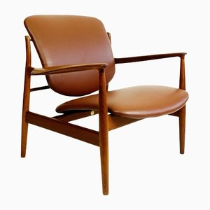 Dänischer Moderner Sessel aus Teak & Braunem Leder von Finn Juhl für France and Son