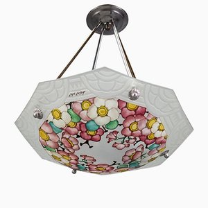 French Art Deco Enameled Floral Glass Pendant Lamp from Loys Lucha, 1930s