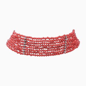 Coral, 9 Karat Rose Gold and Silver Choker Necklace