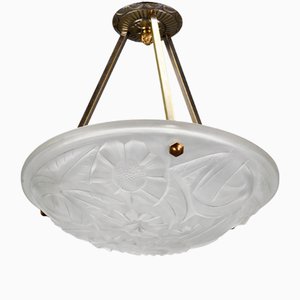 French Art Deco Frosted Glass Pendant Lamp by David Gueron, 1930s