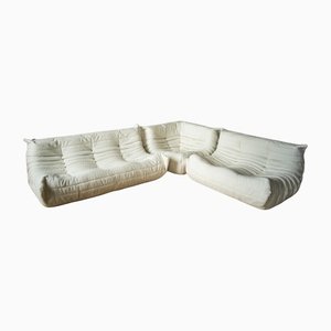 White Bouclette Togo Corner Chair, 2- and 3-Seat Sofa by Michel Ducaroy for Ligne Roset, Set of 3