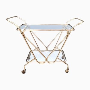 Mid-Century Brass Serving Cart With Glass Shelves, Italy