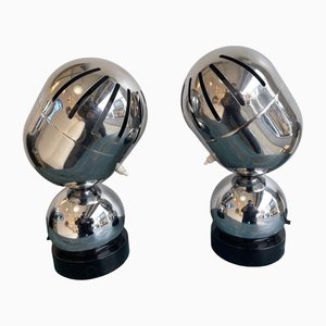 Lámparas italianas era espacial de metal cromado de Reggiani, años 70. Juego de 2