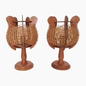 Mid-Century French Wood Straw Wooden Table Lamps, 1960s, Set of 2