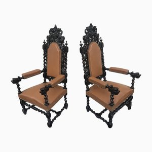 Antique Renaissance 19th Century Throne Chairs, Set of 2