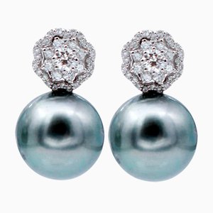 Grey Pearl, Diamond & 18 Karat White Gold Stud Earrings