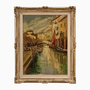 View of Chioggia, 20th-Century, Oil on Canvas, Framed