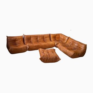 Pine Leather Togo Living Room by Michel Ducaroy for Ligne Roset, Set of 5