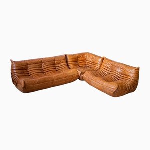 Pine Leather Togo 3-Seat, Corner Seat, Single Seat & Pouf Set by Michel Ducaroy for Ligne Roset, 1970s, Set of 3