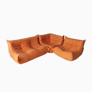 Orangefarbener Togo Ecksitz, Sessel & 2-Sitzer Sofa Set von Michel Ducaroy für Ligne Roset, 1970er, 3er Set