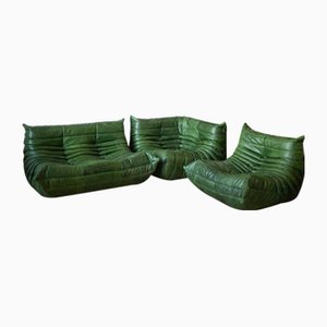 Dubai Green Leather Togo Corner Seat, Lounge Chair & 2-Seat Sofa Set by Michel Ducaroy for Ligne Roset, 1970s, Set of 3