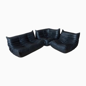 Butaca, sillón y sofá de dos plazas Togo de cuero negro de Michel Ducaroy para Ligne Roset. Juego de 3