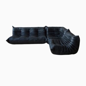 Canapés 3 Places, Siège d'Angle & Fauteuil en Cuir Noir par Michel Ducaroy pour Ligne Roset, Set de 3