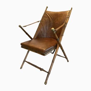 English Faux Bamboo and Brass Leather Folding Campaign Chair, 1920s
