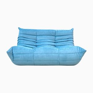 Vintage French Light Blue Velvet Togo 2-Seater Sofa by Michel Ducaroy for Ligne Roset