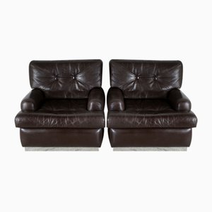 Set of Brown Leather & Stainless Steel Armchairs, France, 1970