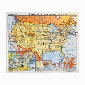 Vintage French Double Sided School Map, Usa, 1960s