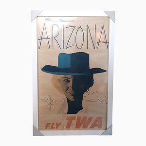 Poster vintage di viaggio e aereo Fly Twa Arizona Cowgirl di Austin Buge