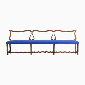 Spanish Walnut and Blue Dedar Upholstery Bench