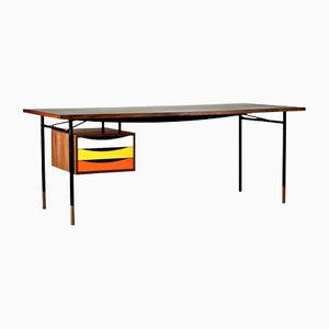 Nyhavn Desk in Wood and Black Lino with Tray Unit in Warm Colors by Finn Juhl