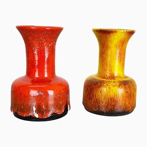 Deutsche gelb-rote Fat Lava Keramikvasen von Jasba, 1970er, 2er Set