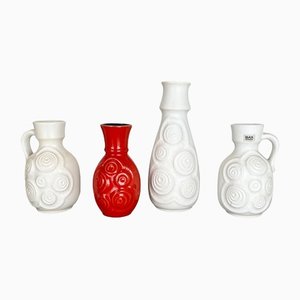 Op Art German Red-White Fat Lava Pottery Vases from Bay Ceramics, Set of 4