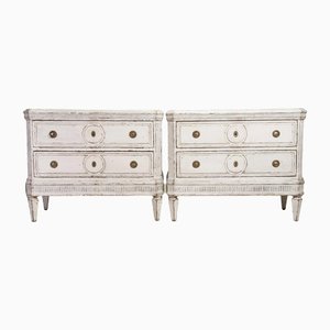 Swedish Gustavian Grey White Painted Chest of Drawers Commode Tallboy, Set of 2