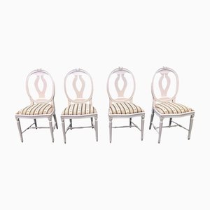 Swedish Gustavian White Paint Rose Back Dining Chairs, Set of 4