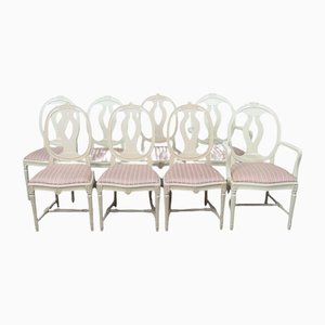 Swedish Gustavian White Paint Rose Back Dining Chairs, 1940s, Set of 8