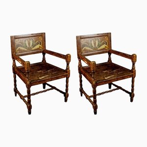 Antique Swedish Folk Art Country Carver Chairs in Kurbits Faux Wood Grain, Set of 2