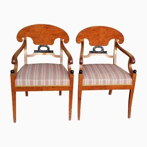 Antique Biedermeier Swedish Quilted Golden Birch Carver Chairs, 1800s, Set of 2