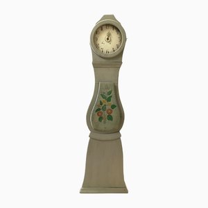 Antique Swedish Folk Art Grey Carved Hood Detail Mora Clock, 1800s