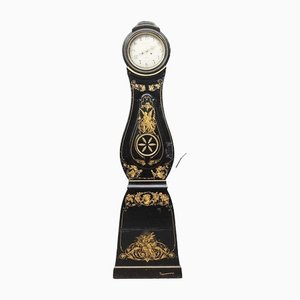 Antique Swedish Hand Painted Black Gold Angel Motif Mora Clock, 1800s