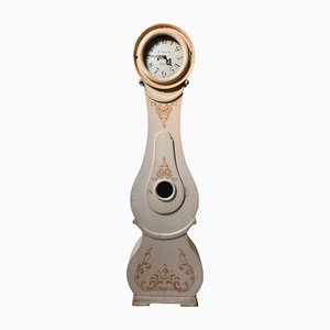 Tall Antique Swedish Cream Fryksdal Carved Mora Clock by J Janstrom, 1800s
