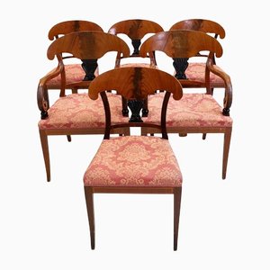 Antique Deco Swedish Biedermeier Flame Mahogany Dining Chairs, Set of 6