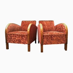 Art Deco Swedish Antique Red Golden Birch Bentwood Armchairs, Set of 2