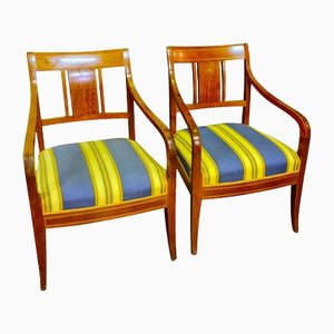 Swedish Antique Biedermeier Marquetry Inlay Square Back Carver Chairs, 1800s, Set of 2