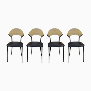Vintage Black Leather and Beech Metal Structure Chairs, 1970s, Set of 4