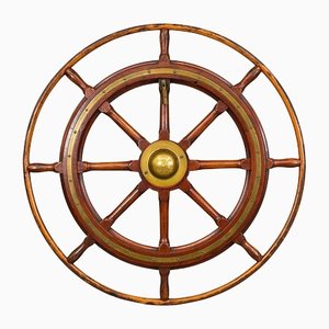 Big Vintage German Mahogany and Brass Maritime Ships Wheel, 1930s