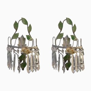 Gold Lacquered Iron & Crystal Wall Lights, 1970, Set of 2
